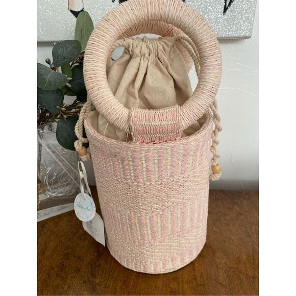 SIGRID OLSEN NWT Woven Pink & Cream Bucket Beach Bag Purse Tote - Picture 1 of 9
